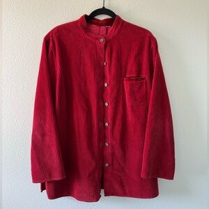 Red Corduroy Button Up with Band Collar